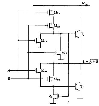 根据前述的cmos门电路的结构和工作原理,同样可以用bicmos技术实现